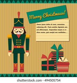 Christmas greeting card in paper application style with nutcracker and presents in bright colors. Vector illustration.