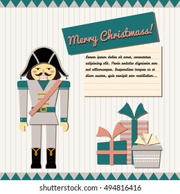 Christmas greeting card in paper application style with nutcracker and presents. Vector illustration.