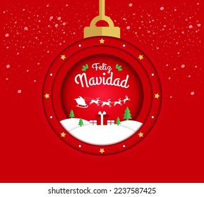 Christmas greeting card in paper art style red color, with Merry Christmas sign in Spanish