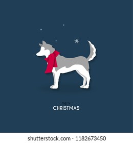 Christmas greeting card in paper cut style. Siberian husky on deep blue.