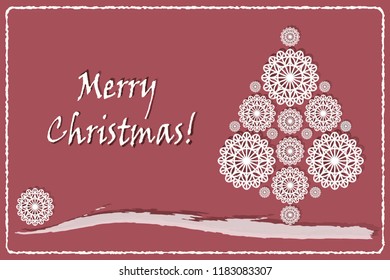 Christmas greeting card with paper cut Christmas tree, snowflakes and wishes of merry Christmas, invitation, poster, banner.  Vector illustration
