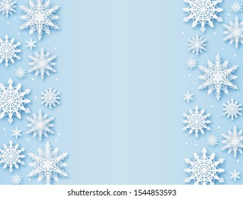 Christmas greeting card. Paper cut snowflakes xmas, happy new year and winter holidays vector background with snow design glitter frame greetting pattern