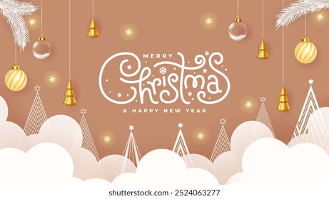 Christmas greeting card in paper cut style featuring clouds, trees, and decorations on a brown background with "Merry Christmas and Happy New Year" text.