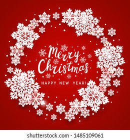 Christmas greeting card with paper snowflakes round frame on red background for Your holiday design