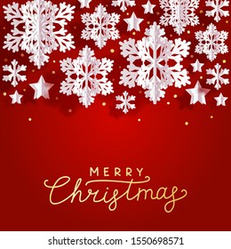 Christmas greeting card with paper snowflakes and stars border on red background for Your holiday design