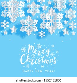 Christmas greeting card with paper snowflakes and stars on blue background for Your holiday design