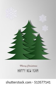 Christmas greeting card. Paper style pines, trees on a white background. Vector illustration.