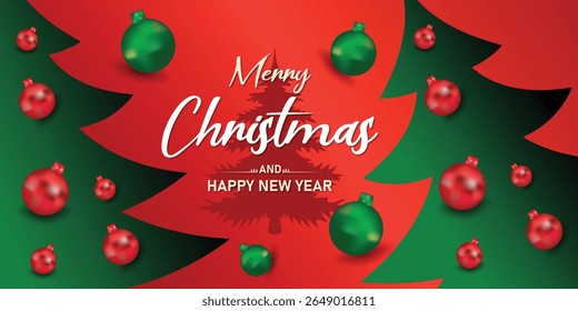 Christmas greeting card with papercut layered trees and hanging ornaments on red background