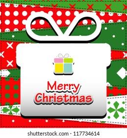 Christmas Greeting Card. Patchwork christmas background with christmas present.