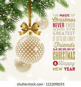 Christmas greeting card - patterned golden bauble with glitter gold bow hanging on a christmas tree and type design greeting. Vector illustration.