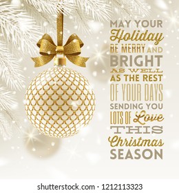 Christmas greeting card - patterned golden bauble with glitter gold bow hanging on a christmas tree and type design greeting. Vector illustration.