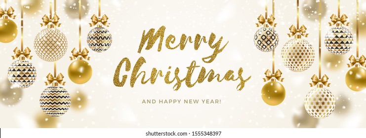 Christmas greeting card - patterned golden baubles with bow under snow and brush calligraphy glitter gold greeting. Vector illustration.