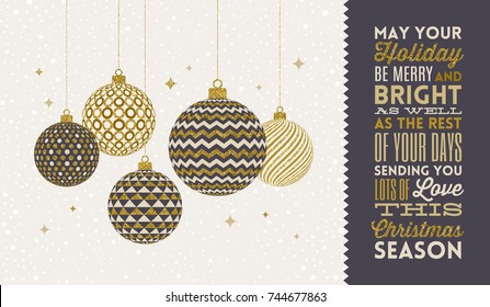 Christmas greeting card - patterned golden baubles on a snowy white background. Vector illustration.