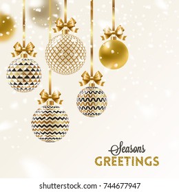 Christmas greeting card - patterned golden baubles with bow under snow. Vector illustration.