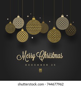 Christmas greeting card - patterned golden baubles on a black background. Vector illustration.