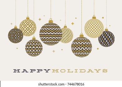 Christmas greeting card - patterned golden baubles on a white  background. Vector illustration.