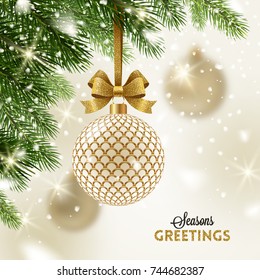 Christmas greeting card - patterned golden bauble with glitter gold bow hanging on a christmas tree. Vector illustration.