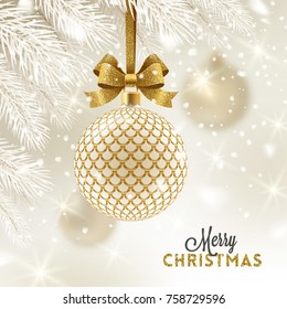 Christmas greeting card - patterned golden bauble with glitter gold bow hanging on a christmas tree. Vector illustration.