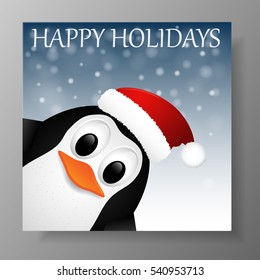 Christmas greeting card with penguin. Vector illustration.