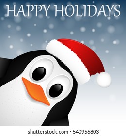 Christmas greeting card with penguin. Vector illustration.