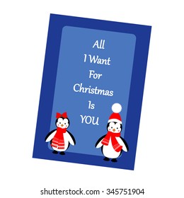 Christmas Greeting Card. Penguins on the blue background. Vector illustration.
