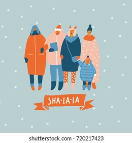Christmas greeting card with people singing the song on the street.