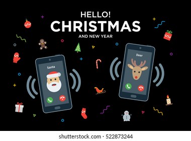 Christmas Greeting Card with phone call from Santa and Reindeer. Material design vector illustration on black