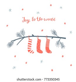 Christmas greeting card with pine branch with hanging socks and hand written lettering