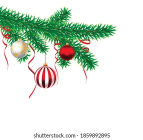 Christmas greeting card with pine branches and balls. Illustration New Year background, vector.