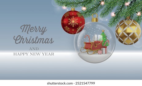 Tarjeta de felicitación de Navidad con ramas de pino y adornos de Navidad realistas. fondo de Navidad con bola de vidrio