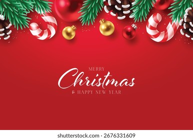 Tarjeta de felicitación de Navidades con ramas de pino, adornos rojos y dorados, bastones de caramelo y piñas sobre un fondo rojo. Diseño festivo elegante para la celebración de vacaciones, decoración estacional y Nuevo año verde
