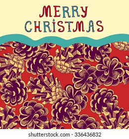 Christmas greeting card with pine cones.