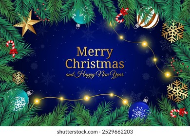 Christmas Greeting Card with Pine Garlands, Ornaments, and Festive Lights on Dark Blue Background
