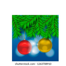 Christmas greeting card with pine tree, decorative balls and sparkling background. Vector illustration.