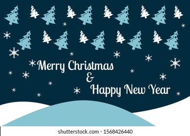 Christmas  greeting card pine tree with blue background,white and blue tree over white text,
There is a mountain below,blue mountain in front of white mountain,and white snow flake Spread everywhere
