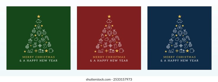 Christmas Greeting card with pine tree made by decorative icon ornaments. Festive vector background posters or web banner for Merry Christmas and Happy New Year. Set in green, red and blue