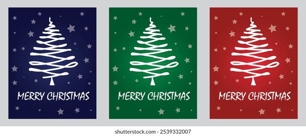 Christmas Greeting card with pine tree. Festive vector background posters or web banner for Merry Christmas. Set in green, red and blue
