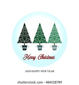 Christmas greeting card. Pine tree on circle background.
