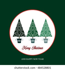 Christmas greeting card. Pine tree on circle background.