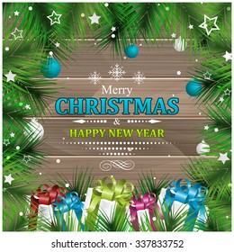 Christmas greeting card with pine-needles, bauble, stars and gift boxes.