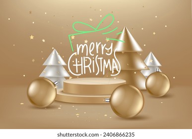 Christmas greeting card with pines, baubles and lettering inscription. 3d vector illustration 