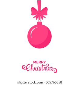 Christmas greeting card. Pink Christmas ball with ribbon and bow. Cartoon style decoration ball 