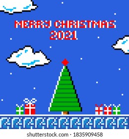Christmas greeting card pixel art. Christmas tree in style of eight-bit game. Inscription of  Merry Christmas 2021.  Vector illustration.