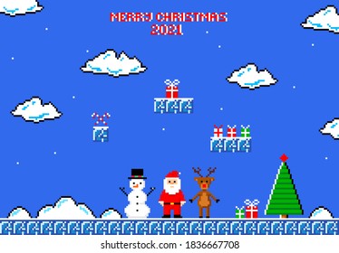 Christmas greeting card pixel art  in style of eight-bit game. Inscription of  Merry Christmas 2021.  Vector illustration.