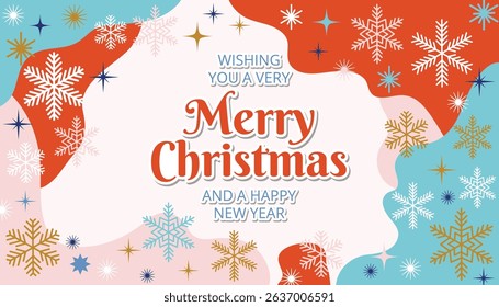 Christmas greeting card with a playful frame of colorful blob shapes, snowflakes, and stars in flat cartoon style. A cheerful winter design perfect for festive messages and holiday joy.