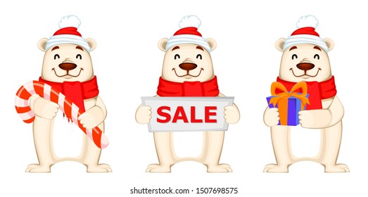 Christmas greeting card with Polar bear in Christmas hat and scarf, set of three poses. Funny white bear cartoon character. Vector illustration on white background