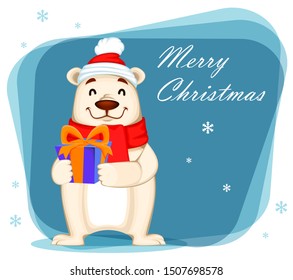 Christmas greeting card with Polar bear in Christmas hat and scarf. Funny white bear cartoon character holding presents. Vector illustration