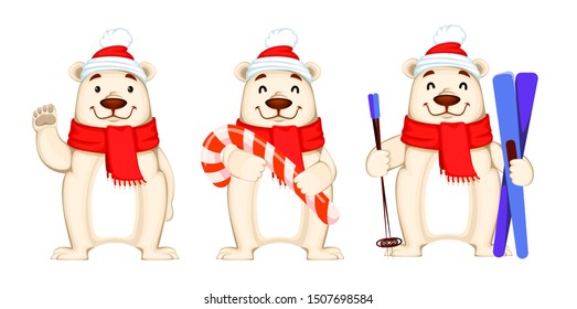 Christmas greeting card with Polar bear in Christmas hat and scarf, set of three poses. Funny white bear cartoon character. Vector illustration