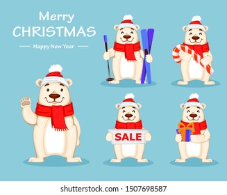 Christmas greeting card with Polar bear in Christmas hat and scarf, set of five poses. Funny white bear cartoon character. Vector illustration on blue background