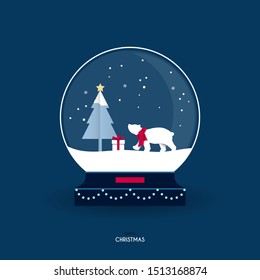 Christmas greeting card. A polar bear in a snow globe.